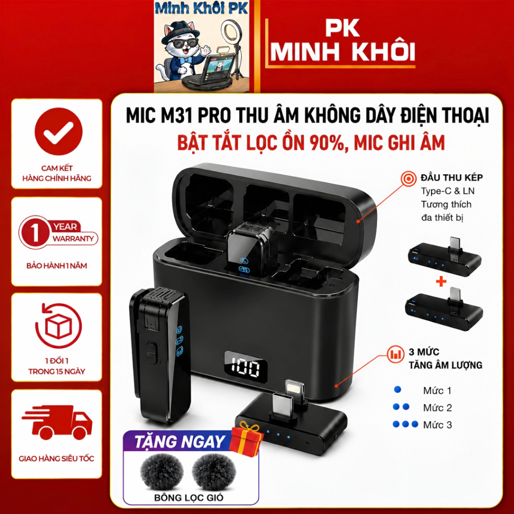 Mic Thu Âm Không Dây Cho Điện Thoại M31 PRO - Đầu Thu Kép, Bật Tắt Lọc Ồn - Micro Ghi Âm,Quay Video,