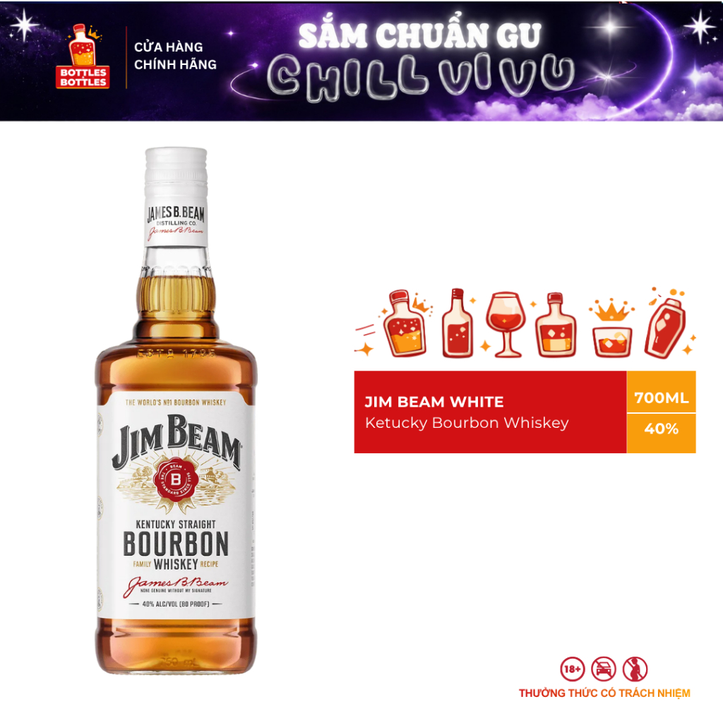 [CHÍNH HÃNG] Rượu Whisky Bourbon Jim Beam White - 700ML - 40%