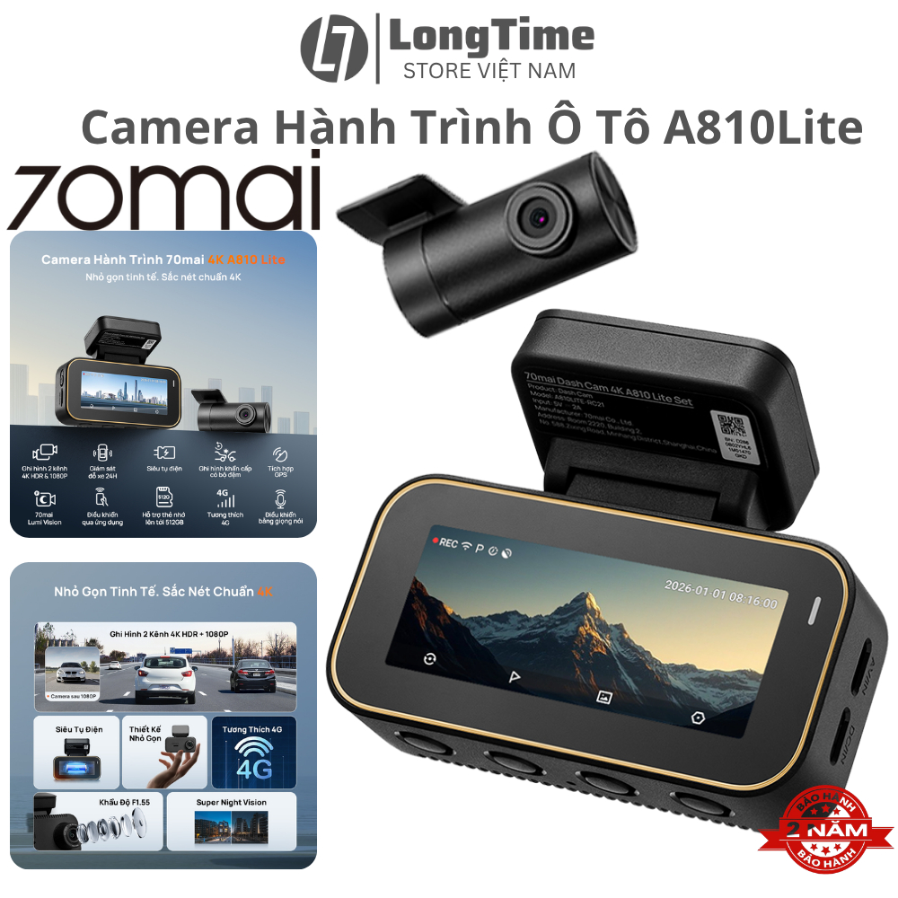Camera Hành Trình 70mai A810 Lite Trước Sau 4K HDR GPS WiFi 6 Giám Sát Đỗ Xe 24H Có Hỗ Trợ 4G