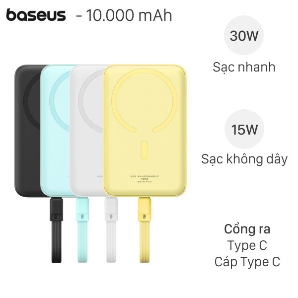 Thanh lí SDP Polymer 10000mAh không dây Magnetic Type C PD 30W Baseus PPCXM10T kèm cáp Type C ( Like