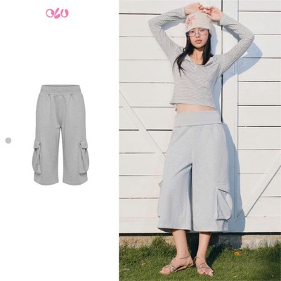 Quần lửng OLV Gray Cotton Wide Leg Cargo Pants ống rộng năng động, thoải mái phù hợp đi làm đi chơi