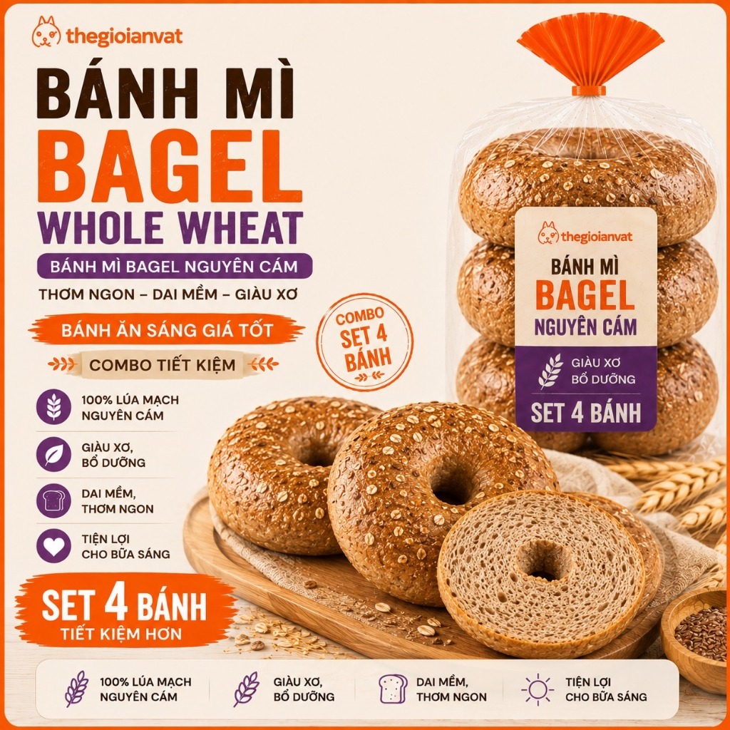 Bánh Mì Bagel Whole Wheat Bánh Mì Bagel Nguyên Cám Bánh Ăn Sáng Giá Tốt Combo Tiết Kiệm