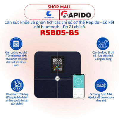 [HỎA TỐC] Cân sức khỏe và phân tích chỉ số Rapido RSB05–BS - Đo được 21 chỉ số - Hàng chính hãng