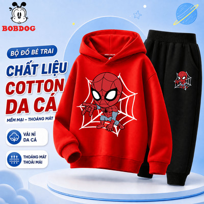 Đồ bộ hoodie bé trai BOBDOG, quần áo dài tay bé trai chất cotton da cá in hình người nhện HX-BDO61