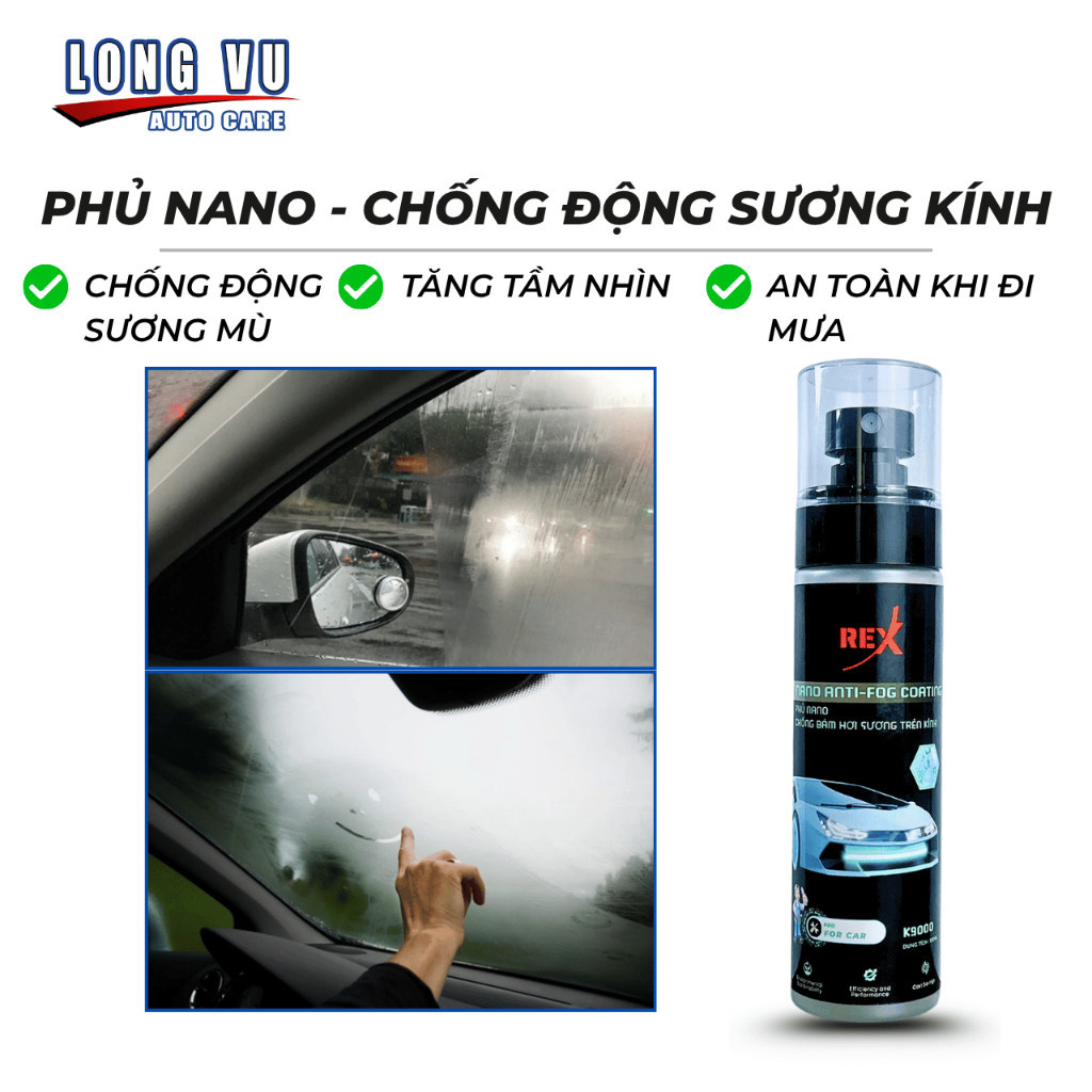 Xịt Nano Chống Bám Hơi Nước Kính Ô Tô REX K9000 Phủ Nano Chống Đọng Nước, Sương Mù Mũ Bảo Hiểm