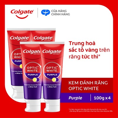 Bộ 4 Kem Đánh Răng Colgate trắng răng Optic White Purple 100g công nghệ sắc tím, trung hòa ố vàng tức thì