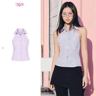 Áo cổ sơ mi yếm OLV Purple Cotton Halter Collared Buttoned Top nữ tính, thanh lịch phù hợp đi học đi làm đi chơi