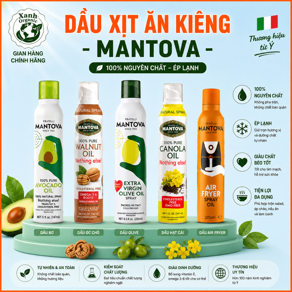 Dầu Ăn Kiêng Dạng Xịt Ít Calo MANTOVA Oil Spray Air Fryer, Olive, Avocado, Canola, Walnut, Grape
