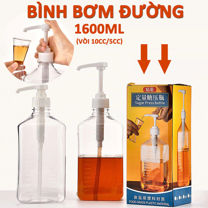 Bình bơm đường HENGZHI chai pump syrup 1600ml vòi định lượng 5CC/10CC nhựa trong suốt