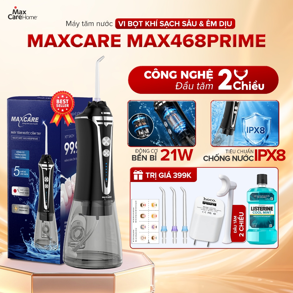 Máy Tăm Nước Cầm Tay Công Nghệ Nhật Bản Maxcare Max468Prime 5 Chế Độ, Thiết Kế Nguyên Khối 300ml