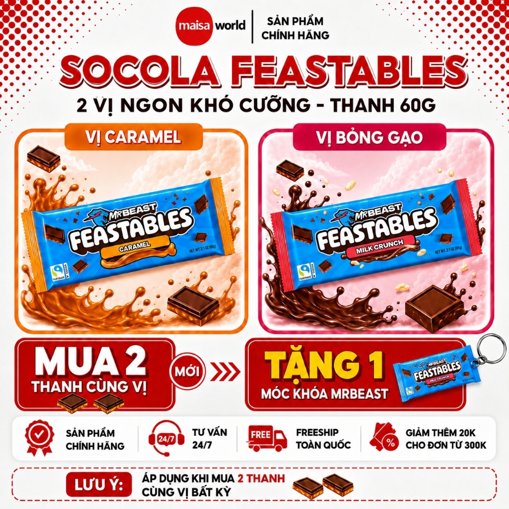 [Chính Hãng] Socola Feastables MrBeast 60g | Đầy Đủ Hương Vị | Mua 2 Tặng 1