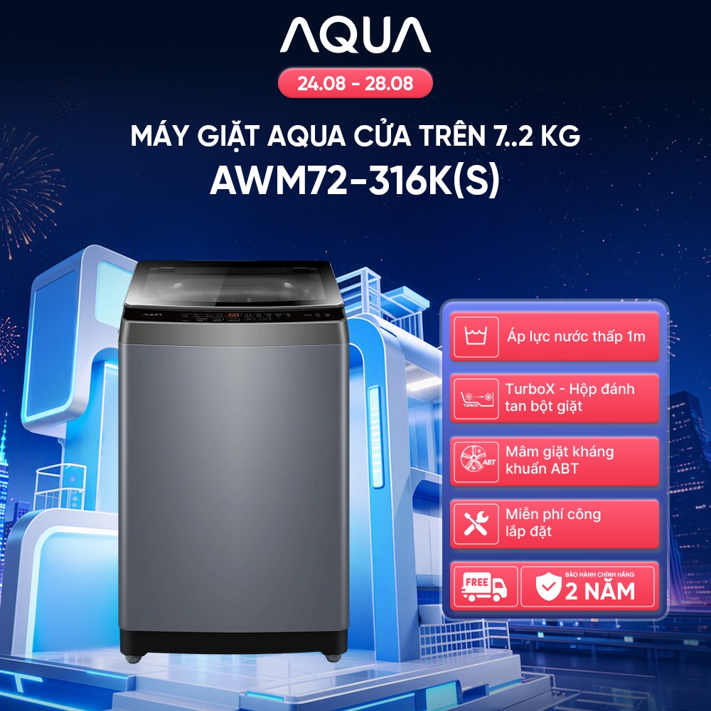 [DEAL XỊN THÁNG 8] Máy giặt Aqua 7.2 kg AWM72-316K(S) - Bảo hành 2 năm - Freeship - Có đồng kiểm