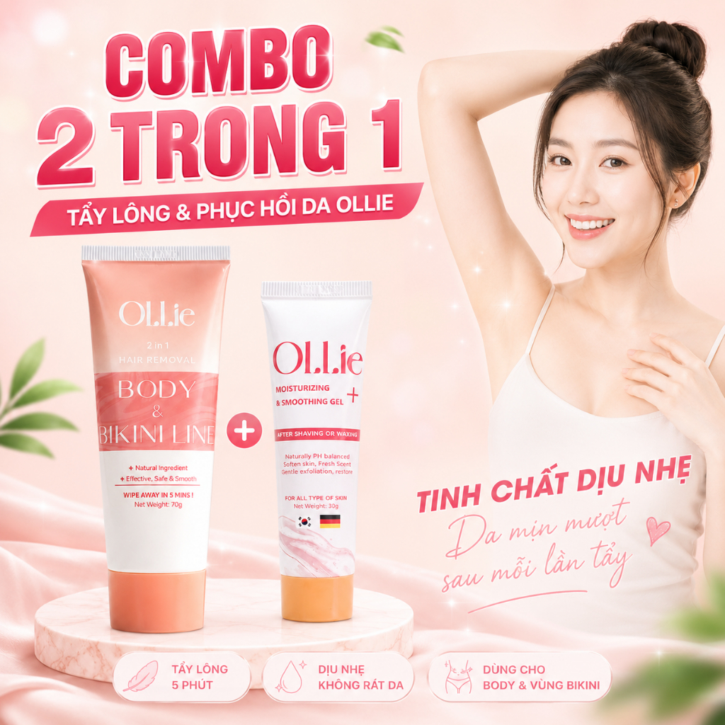 Combo Kem Tẩy Lông Ollie 2in1 + Gel Phục Hồi - Tẩy Vùng Kín, Nách, Tay Chân Nhanh 5 Phút - Dịu Nhẹ, 