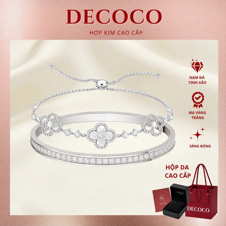 Set vòng tay ELISA cỏ 4 lá charm hoa đá & cuff không đen gỉ DECOCO ( kèm Túi hộp )