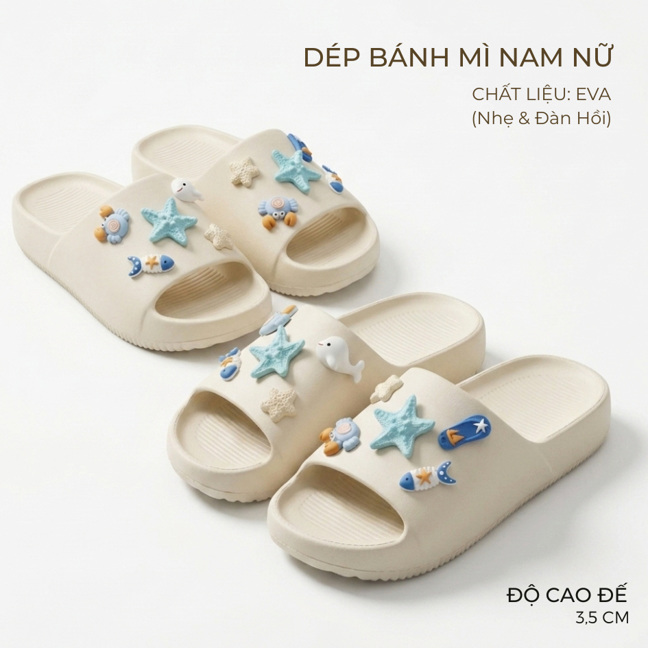 (TĂNG 1 SIZE) Dép Bánh Mì, Dép Lê Nam Nữ Kèm Sticker Chất Caosu Eva Mềm Đi Êm Chống Trơn - HQ011 SAO