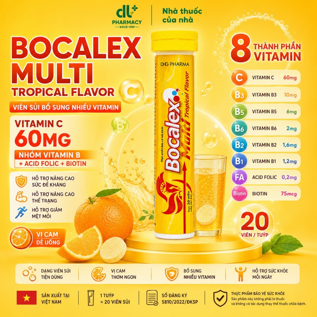 Viên sủi Bocalex Multi hộp 20 viên, bổ sung vitamin C và vitamin nhóm B | Đức Long Pharmacy