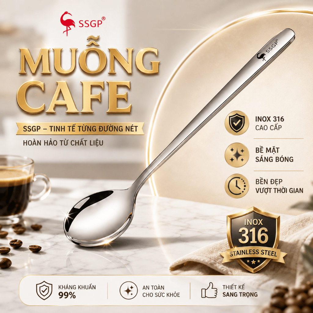 Muỗng cà phê SSGP chất liệu inox cao cấp, muỗng inox cà phê, muỗng pha cà phê inox 316