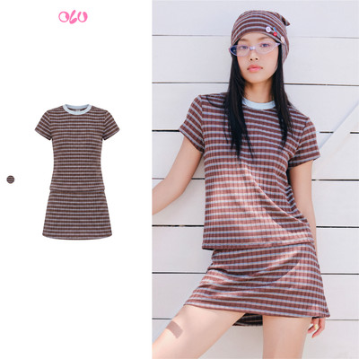 Set áo chân váy OLV Brown Striped Short Sleeves Round Neck Set trẻ trung phù hợp đi học đi chơi