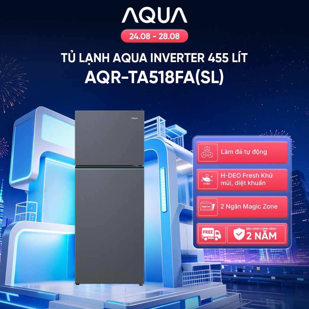 [SẢN PHẨM MỚI] Tủ lạnh AQUA Inverter 455 lit AQR-TA518FA(SL) - Làm đá tự động - Freeship toàn quốc