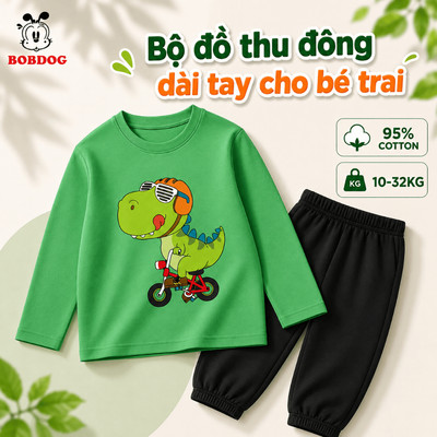 Bộ đồ thu đông dài tay cho bé trai BOBDOG chất thun cotton mềm mịn in hình khủng long cute TW-BDO71