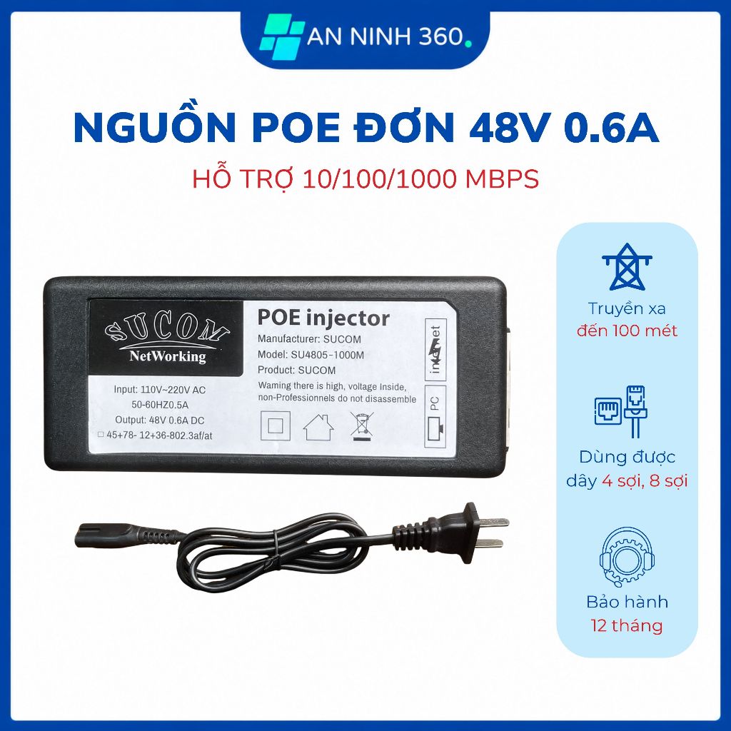 PoE Injector SUCOM 48V 0.6A & Splitter PoE 48V ra 12V cho Camera PoE, WiFi AP, cấp nguồn LAN | C10