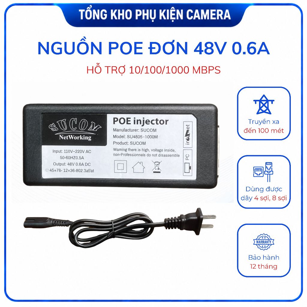 Nguồn PoE SUCOM 48V 0.6A Injector + Splitter 48V ra 12V cho Camera PoE, WiFi AP, cấp nguồn LAN | C10