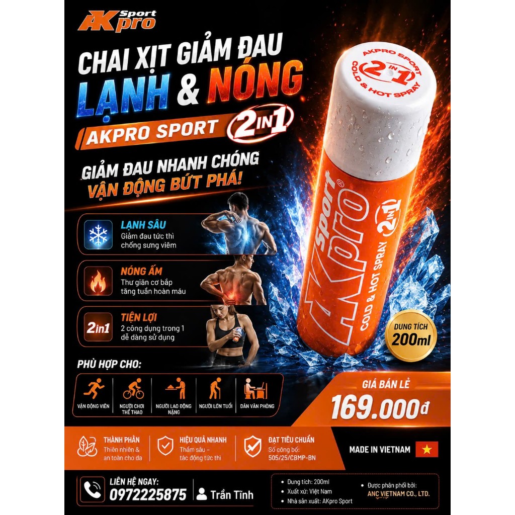 Chai Xịt Giảm Đau 2 Trong 1 AKpro Sport 200ml, giảm đau, thư giãn cơ