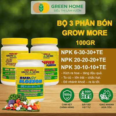 Bộ 3 Phân Bón Lá Grow More 30-10-10, 6-30-30, 20-20-20 GreenHome – Chuyên Dùng Cho Hoa Lan, Cây Cảnh
