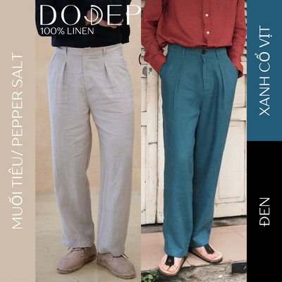 DODEP Quần dài nam linen 100% Relaxed Fit Không thun