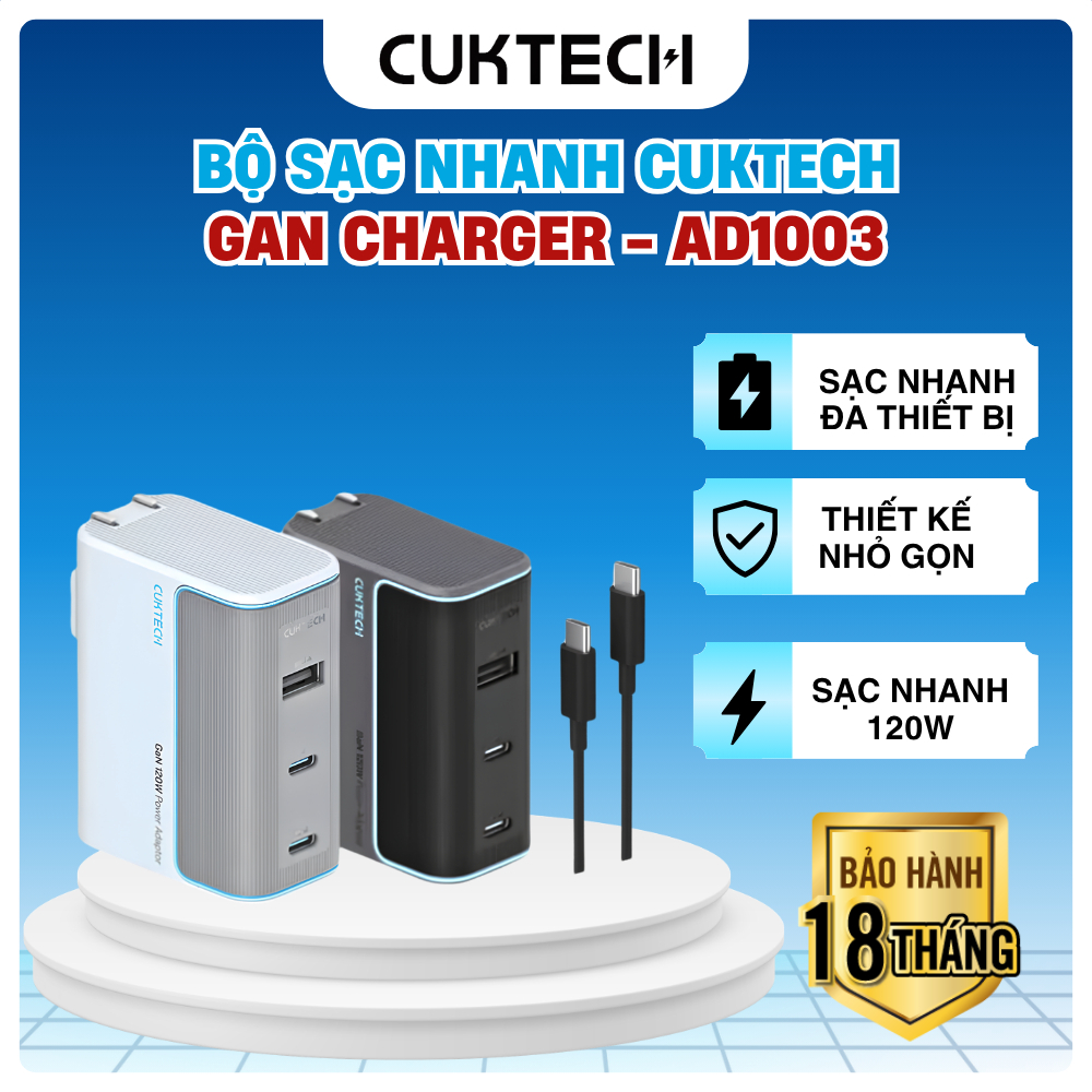 Sạc nhanh Cuktech 120W GaN Charger PD3.1/PPS2.0/QC4.0/Mi Turbo 120W – AD1003-Bảo hành 18 tháng