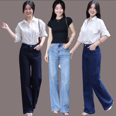Quần jeans nữ ống suông TTTHAO cao cấp kiểu dáng quần jeans nữ ống rộng dài 103cm VNXK phong cách quần jeans nữ basic J7