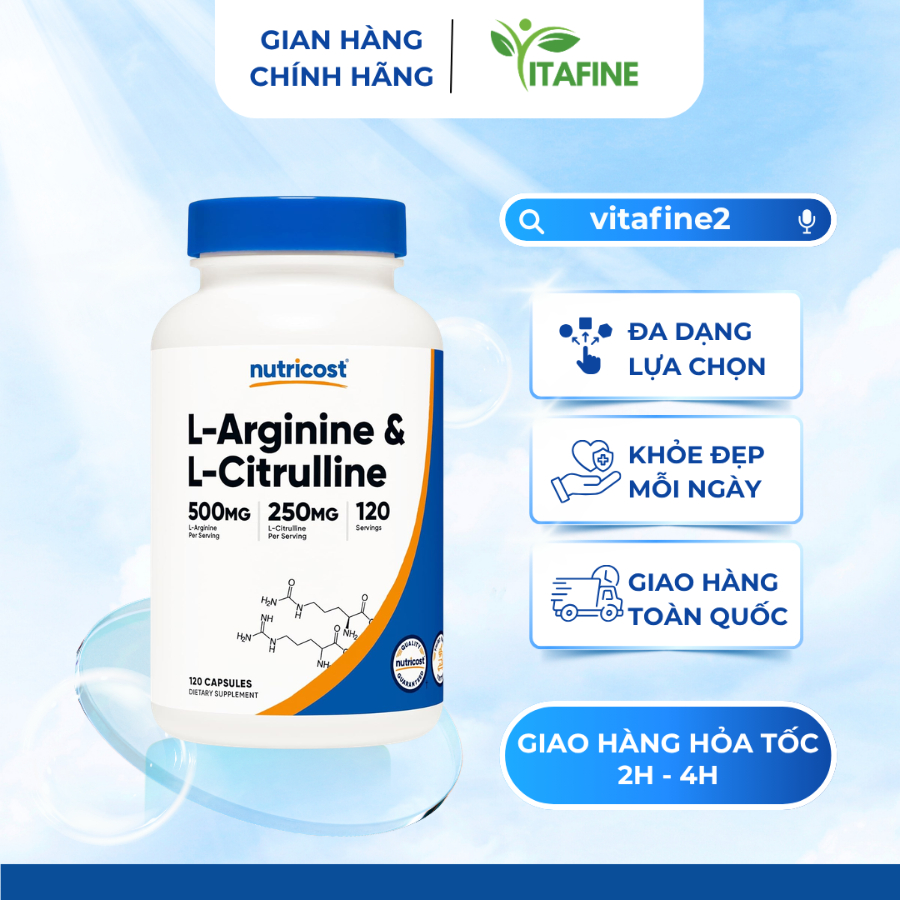 Nutricost L-Arginine & L-Citrulline 750mg – Bổ Sung Amino Acid, Hỗ Trợ Thể Lực Và Vận Động