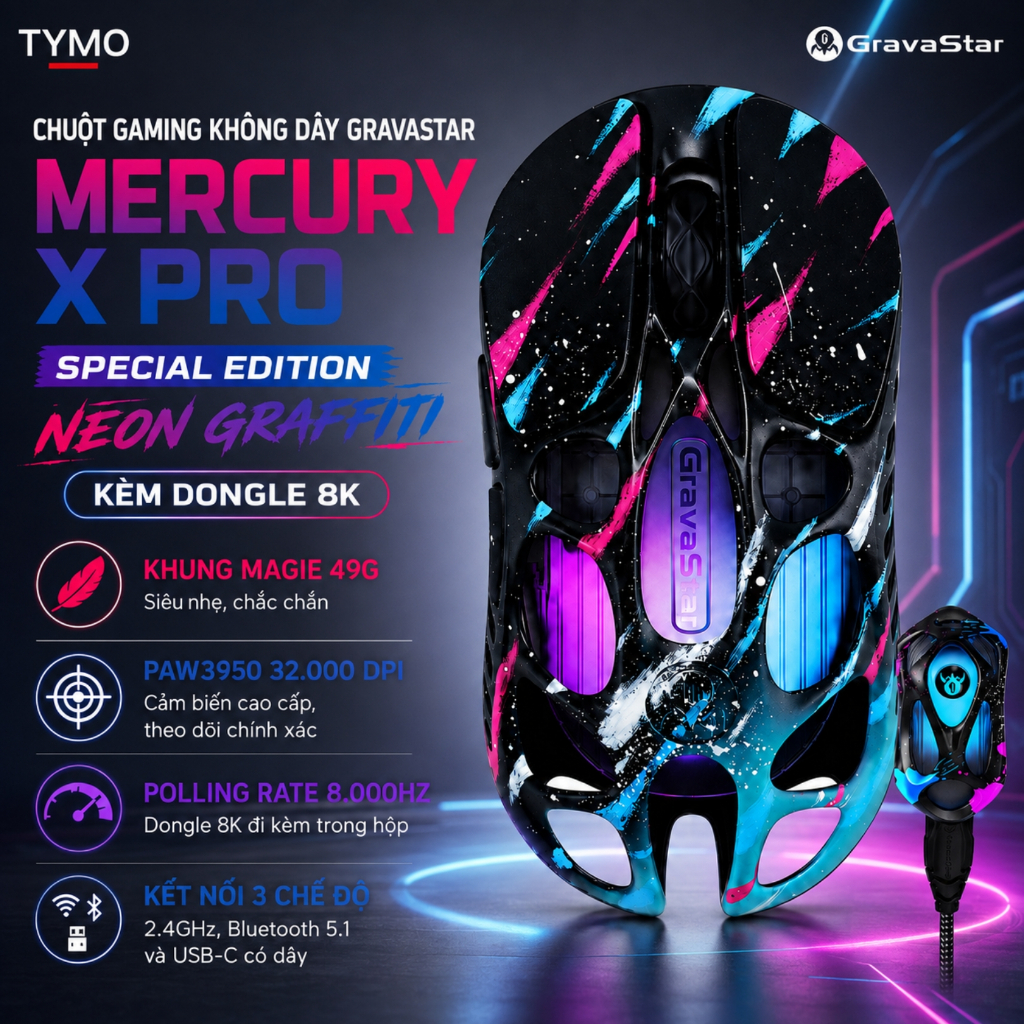 Chuột Gaming Không Dây GravaStar Mercury X Pro Special Edition - Neon Graffiti (Kèm Dongle 8K)