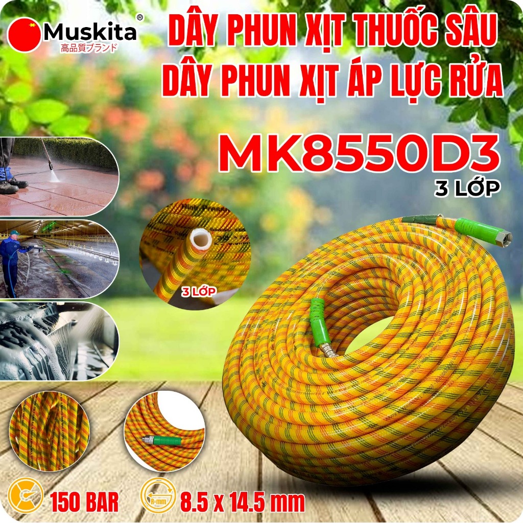 Muskita - dây xịt thuốc sâu 8.5mm, cuộn 50m, 3-5 lớp, 220bar, ren 14mm, xịt rửa xe, chịu áp lực cao,