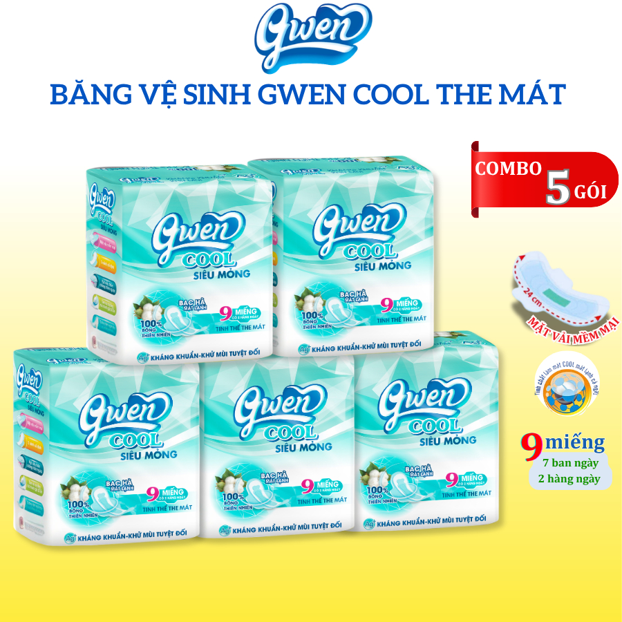 Băng vệ sinh Gwen Cool 9 miếng/ góiBVS Ban Ngày 24cm Siêu Mỏng Có Cánh Mặt Vải Êm Mềm Bạc Hà The Mát