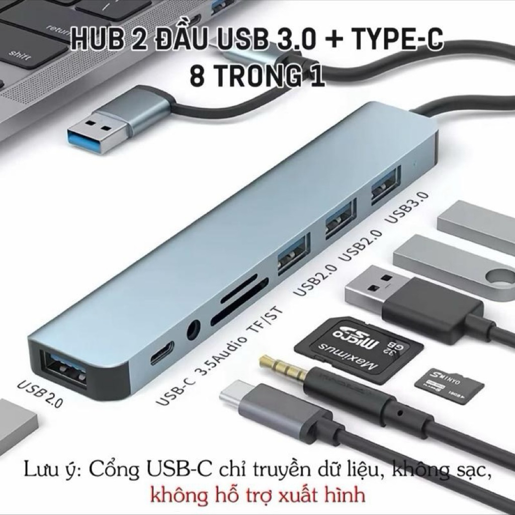 Hub 2 Đầu USB 3.0+Type-C 8 Trong 1 Mở Rộng 8 Port Cáp Chuyển Đổi 2 Đầu In 1 Với 3.5 Thẻ SD/TF Cho Má