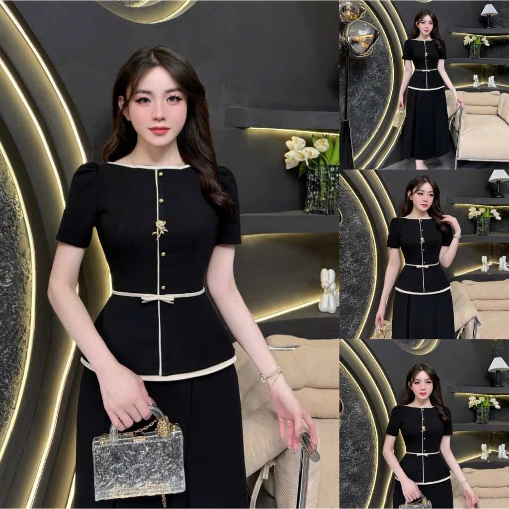 2TY153 - Váy Thiết Kế Eviici dành cho nữ,thiết kế liền thân,cổ thuyền phối viền (tặng kèm tag cài) d