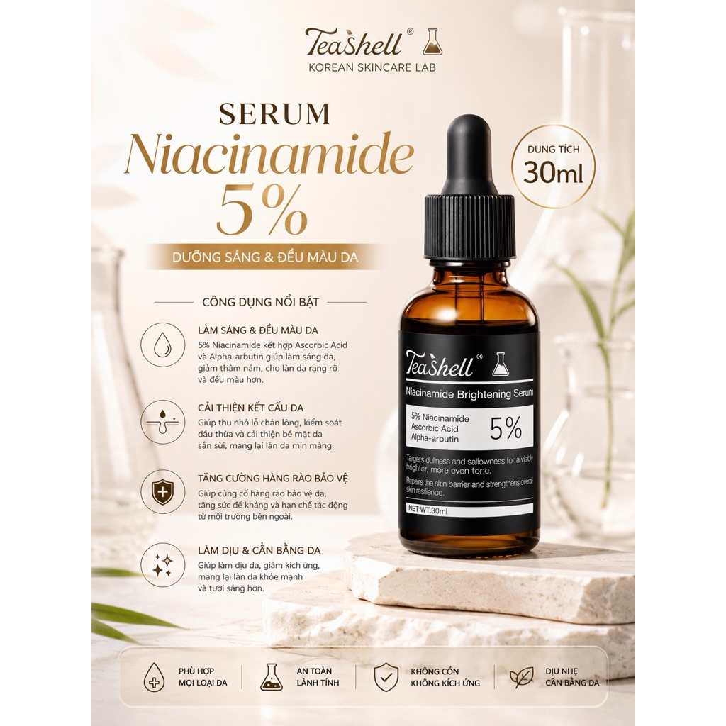 Serum Dưỡng Sáng Da Teashell Niacinamide 5% & Alpha Arbutin Hỗ Trợ Mờ Thâm Dưỡng Ẩm (30ml)