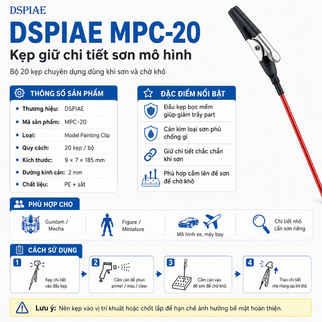 Kẹp Cá Sấu Sơn Mô Hình DSPIAE MPC-20 – Bộ Model Painting Clips Chuyên Dụng Giữ Chi Tiết Khi Sơn Airb
