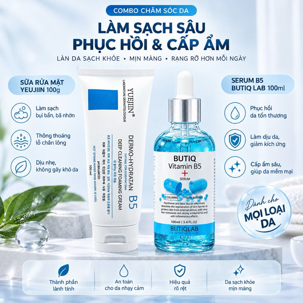 Bộ Sữa Rửa Mặt Yuejiin B5 Và Serum Butiq Vitamin B5 Cấp Ẩm Dịu Nhẹ Giúp Da Mịn Màng (100ml + 100ml)
