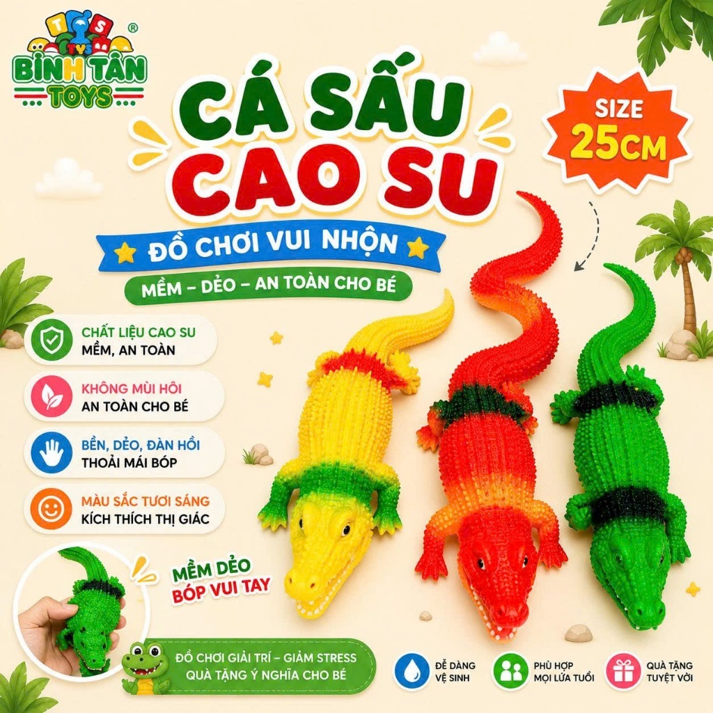 CÁ SẤU CAO SU ĐỒ CHƠI VUI NHỘN, MỀM, SIZE 25CM - G5