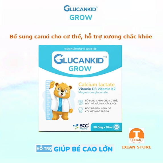 GLUCANKID GROW - Bổ sung Canxi Hữu Cơ D3 K2 Magie Hỗ Trợ Xương Chắc Khỏe Cho Trẻ 30 Ống - BCC Pharma