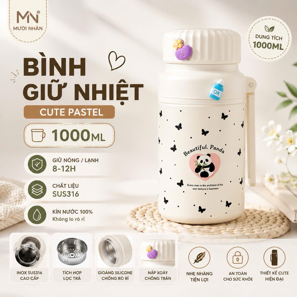 Bình Giữ Nhiệt 1000ml In Hoạt Hình Dễ Thương, Bình Nước Giữ Nhiệt Inox 316 Tặng Túi Đựng Và Cọ Rửa