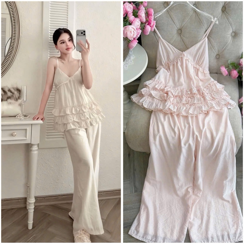 Bộ đồ ngủ mặc nhà 2 dây quần dài bánh bèo tầng kem Châu Cao Cấp