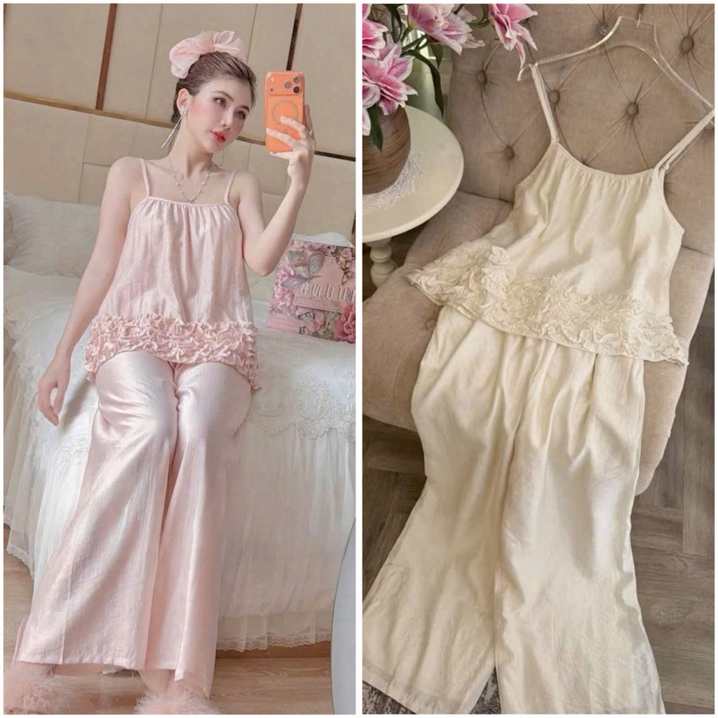 Bộ đồ ngủ mặc nhà 2 dây quần dài bánh bèo vải thô tơ Quảng Châu cao
