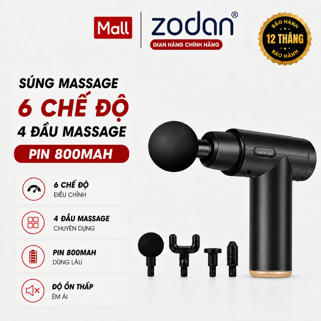 Máy mát xa cầm tay, súng massage ZODAN ZB360 toàn thân 4 đầu thay thế 6 cấp độ BH 2 NĂM