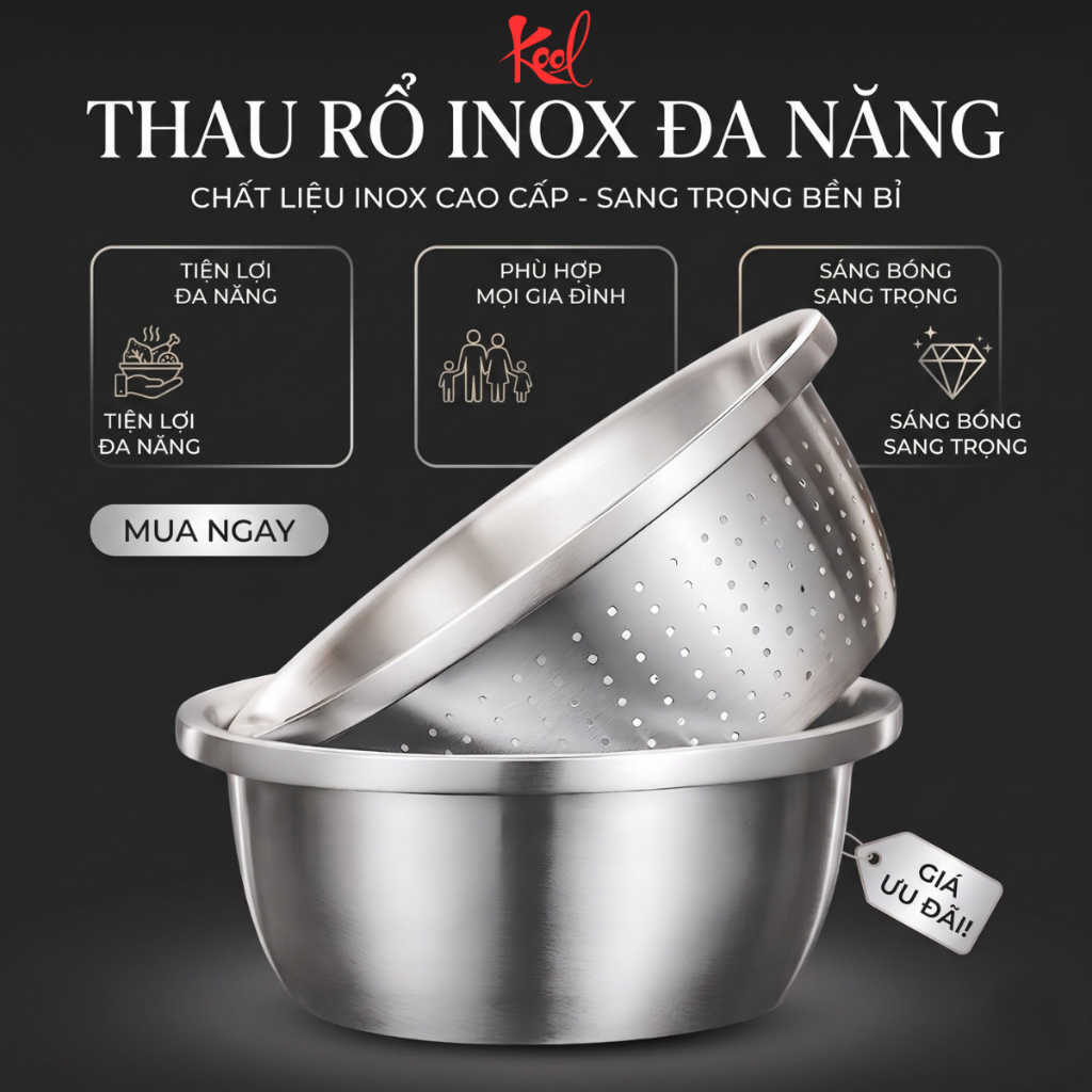 Thau rổ inox đa năng KOOL, Chậu inox 18-32cm, Rổ inox, Thau rửa rau, Thau inox sâu lòng dày dặn