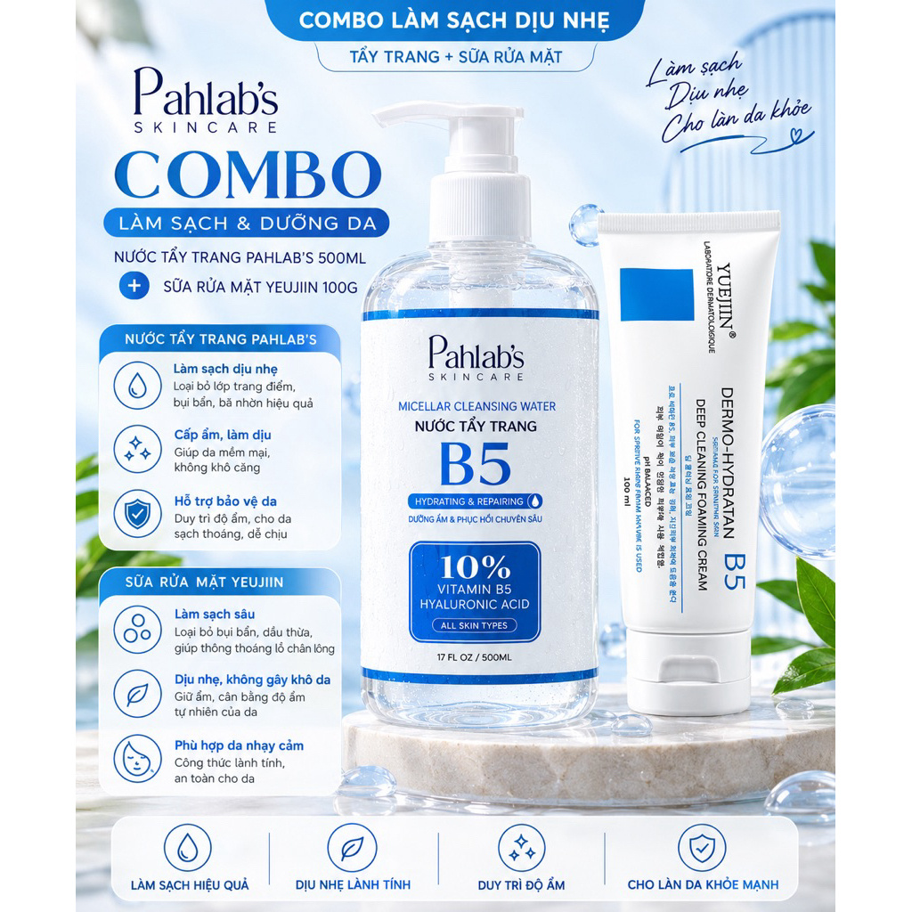 Combo Làm Sạch Da : Nước Tẩy Trang B5 Pahlab's 500ml + Sữa Rửa Mặt Yeujiin B5 100g Giúp Cấp Ẩm Dịu Nhẹ