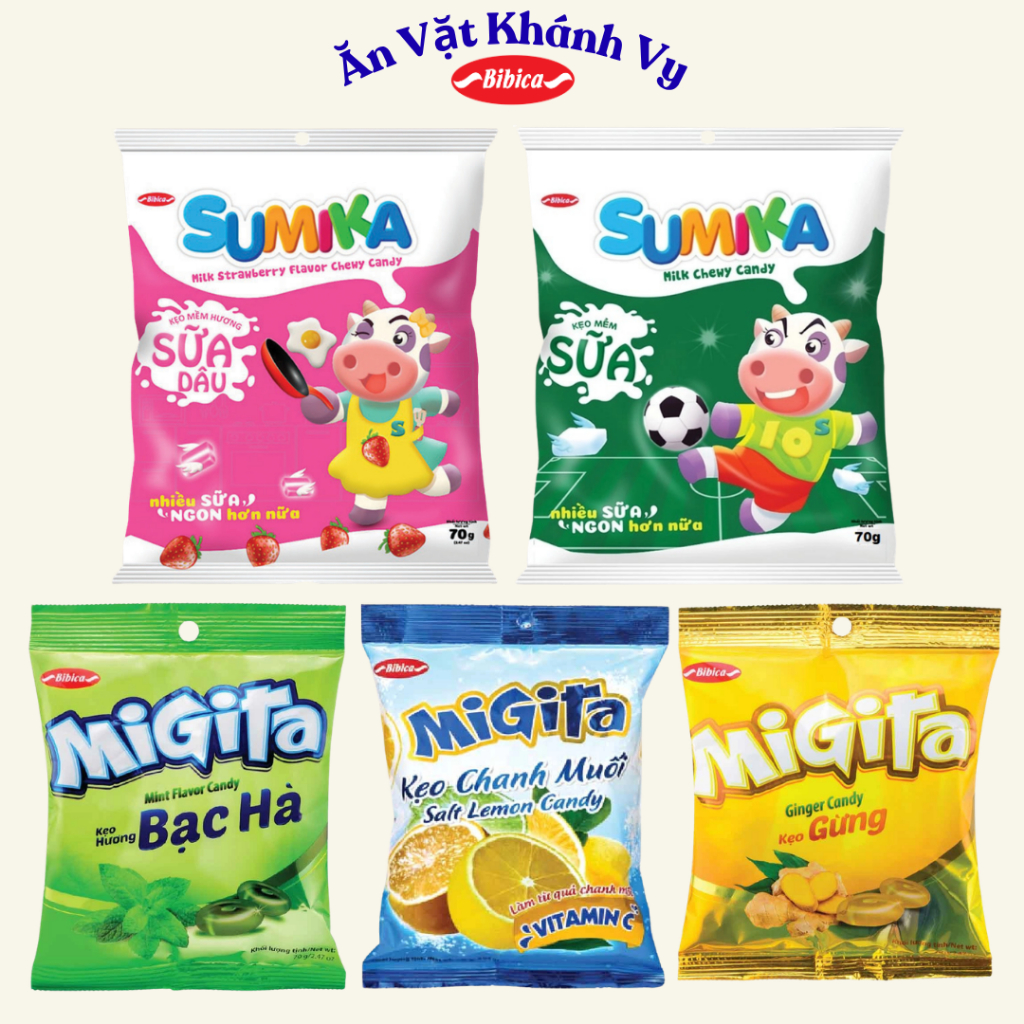 Combo Kẹo Cứng Migita, Kẹo Mềm Sumika Bibica Đủ Vị Gói Nhỏ 70g - HÀNG CHÍNH HÃNG