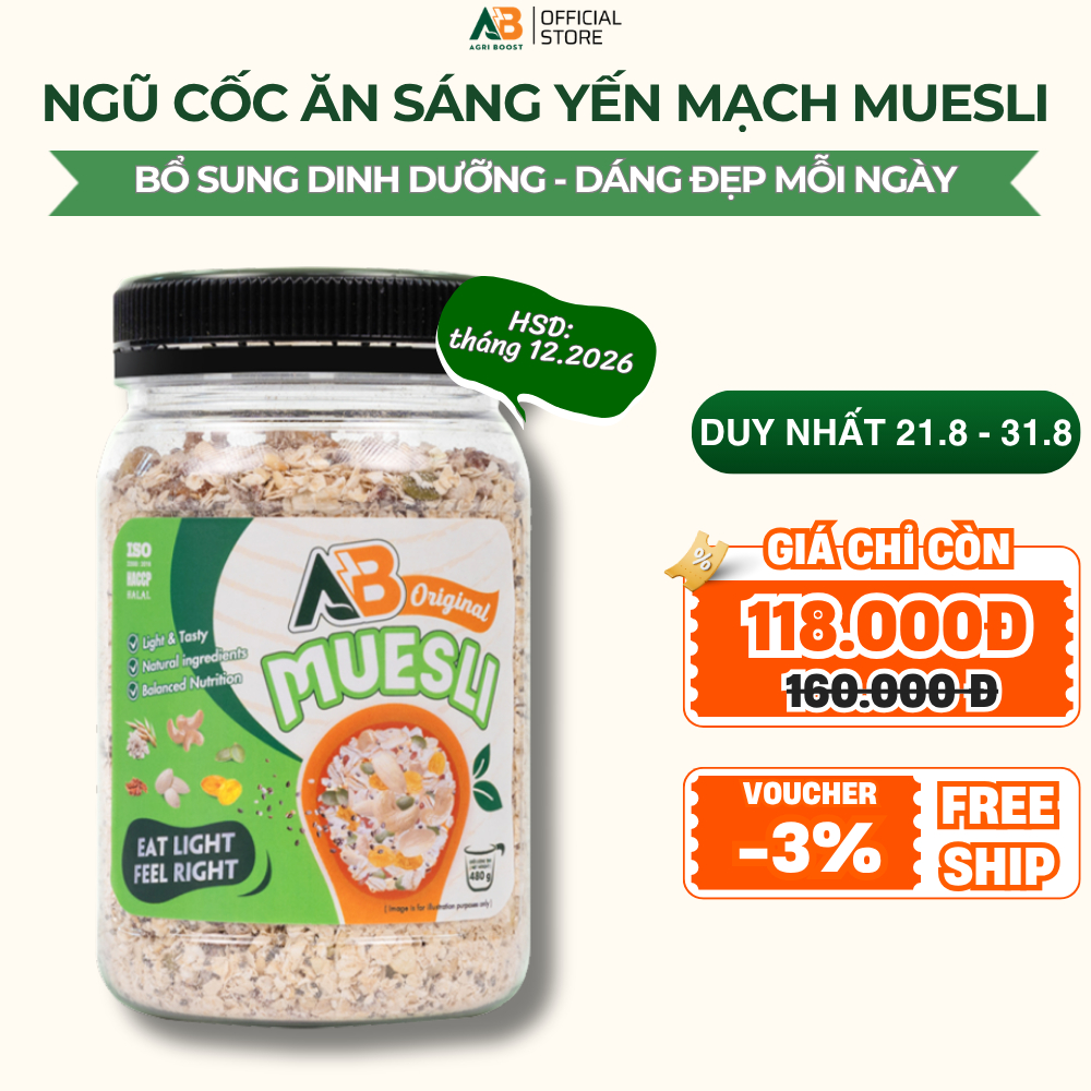 Ngũ cốc yến mạch nguyên cám Châu Âu Muesli mix hạt và trái cây Healthy Eat Clean AB Nutrition